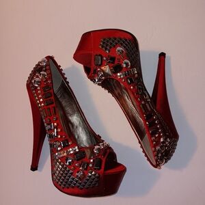 Wild Pair Glamm Red Satin Studded Platform Heels 6.5